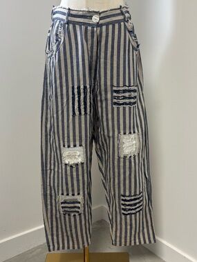 Paper Lace 100% Linen Blue & Cream Striped Patch Pants